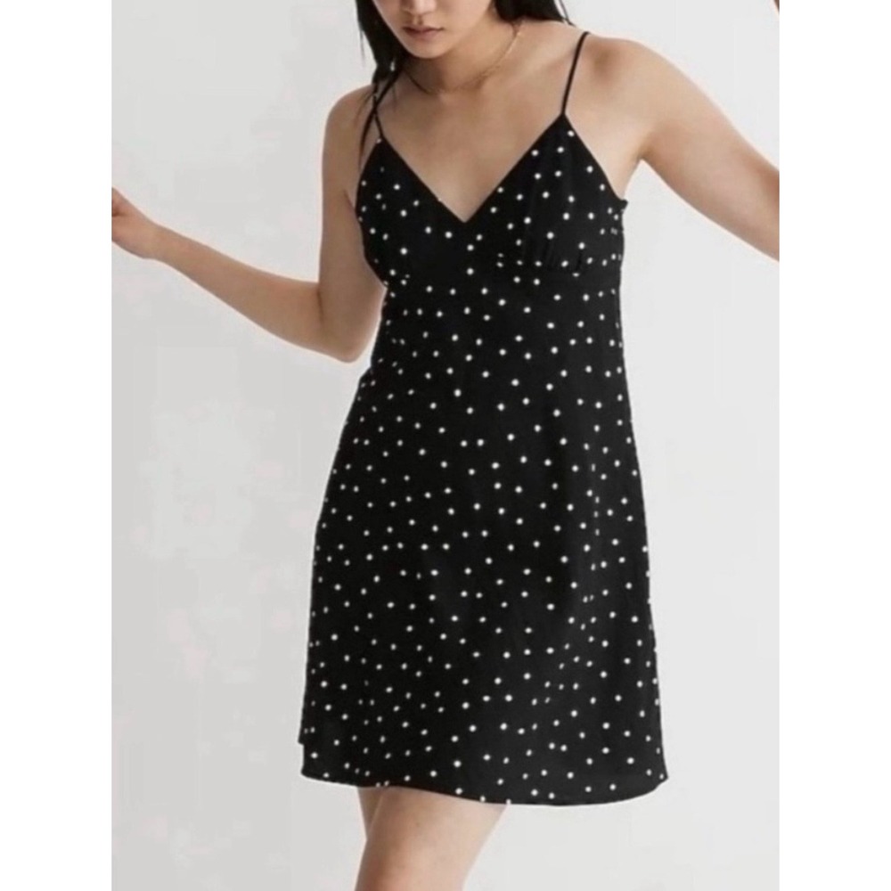 Madewell Black Polka Dot Satin-Look Slip Dress with Spaghetti Straps Babydol Y2K